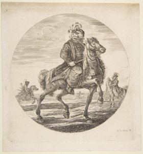 Jeździec węgierski jadący w prawo, w tle inni jeźdźcy, cyrk..., ok. godz. 1651. autorstwa Stefano della Bella