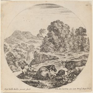 Krajobraz ze zwierzętami i dwoma siedzącymi pasterzami, 1646. autorstwa Stefano della Bella