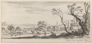 Krajobraz z chłopem przygotowującym się do przekroczenia strumienia, w roku 1647 lub wcześniej. autorstwa Stefano della Bella