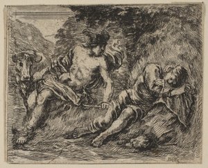 Merkury i Argus, z Game of Mythology Jeu de la Mythologie, 1644. autorstwa Stefano della Bella