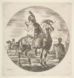 Mauretański jeździec z profilu w prawo, czarny niewolnik trzymający futro po prawej, inny..., ca. 1651. autorstwa Stefano della Bella