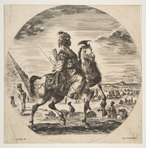 Jeździec Maurów z profilu w prawo, w tle po lewej piramida, wiele fi..., ca. 1651. autorstwa Stefano della Bella