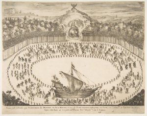 Pływak paradny w formie statku, u góry herb Wielkiego Księcia Modeny, 1652 r. autorstwa Stefano della Bella