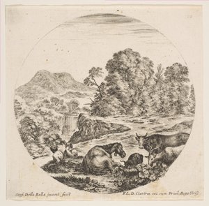 Tablica 10: pośrodku leżący koń, po prawej krowa i dwie kozy, dwie siedzące pasterze..., ca. 1646. autorstwa Stefano della Bella