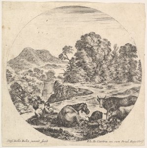 Tabliczka 10: koń leżący pośrodku, krowa i dwie kozy po prawej, dwie siedzą…, ca. 1643-48. autorstwa Stefano della Bella