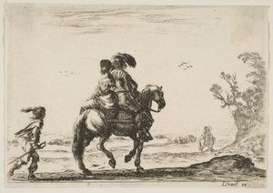 Tablica 10: jeździec i kobieta widziane z tyłu, jadące w prawo z młodym…, 1642. autorstwa Stefano della Bella