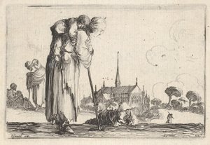 Ilustracja 10: wieśniaczka zwrócona w prawo z dzieckiem na plecach, chłopiec le..., ok. godz. 1642. autorstwa Stefano della Bella