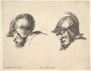 Tablica 10: dwie głowy starych żołnierzy w hełmach, obie zwrócone w lewo i spoglądające w dół..., ca. 1641. autorstwa Stefano della Bella