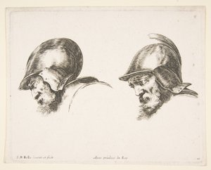 Tablica 10: dwie głowy starych żołnierzy w hełmach, obie zwrócone w lewo i spoglądające w dół..., ca. 1641. autorstwa Stefano della Bella