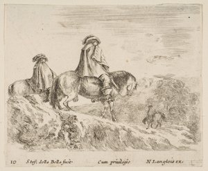 Ilustracja 10: dwóch jeźdźców schodzących z góry po lewej, kolejny jeździec po prawej w ..., ok. godz. 1644-47. autorstwa Stefano della Bella