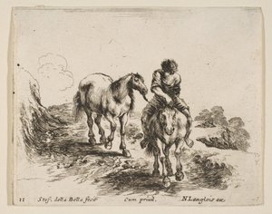 Ilustracja 11: młody jeździec, widziany z przodu, prowadzący drugiego konia, z Diver..., ca. 1644-47. autorstwa Stefano della Bella