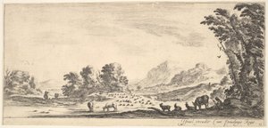 Ilustracja 11: pasterka siedząca po prawej pod drzewem, patrząca na swoje stado po lewej..., ok. godz. 1641. autorstwa Stefano della Bella