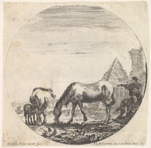 Tablica 11: piramida Kajusza Cestiusza po prawej w tle, pasący się koń..., ok. godz. 1643-48. autorstwa Stefano della Bella