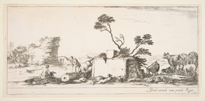 Ilustracja 12: po lewej siedzący kreślarz, obok po prawej stojący pasterz, ruina..., ca. 1641. autorstwa Stefano della Bella