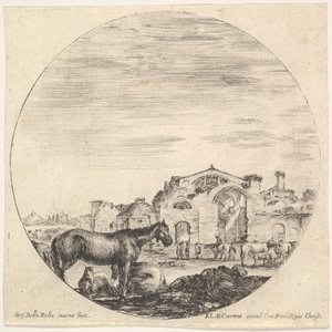 Tablica 12: po prawej śpi pasterz na ziemi, po lewej trzy konie, inne h..., ca. 1643-48. autorstwa Stefano della Bella