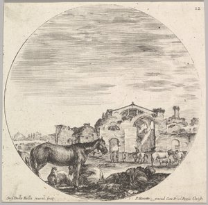 Tablica 12: po prawej śpi pasterz na ziemi, po lewej trzy konie, inne h..., ok. godz. 1643-48. autorstwa Stefano della Bella