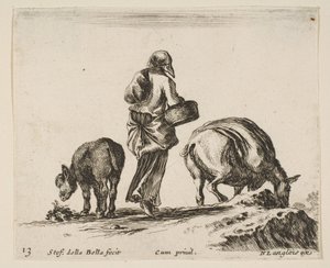 Ilustracja 13: wieśniaczka widziana od tyłu, trzymająca pośrodku kosz, osioł..., ok. godz. 1644-47. autorstwa Stefano della Bella