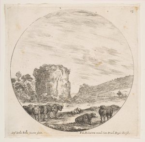 Tablica 13: ruiny świątyni w pejzażu rzymskim, z pejzaży i ruin rzymskich P..., ca. 1646. autorstwa Stefano della Bella