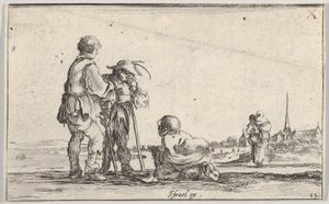 Tablica 13: dwóch chłopów stojących po lewej stronie, pośrodku klęczący kaleka na ziemi, a..., ca. 1642. autorstwa Stefano della Bella