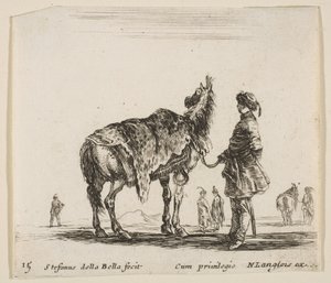 Ilustracja 15: polski szlachcic, odwrócony tyłem, trzymający konia pokrytego skórą lamparta..., ok. godz. 1644-47. autorstwa Stefano della Bella