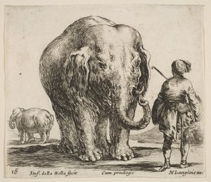 Obrazek 16: słoń pośrodku, jego kornak stoi po prawej w Orientu..., ca. 1644-47. autorstwa Stefano della Bella