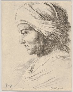 Ilustracja 16: głowa starca z profilu z chustą przewiązaną wokół głowy, z B..., ca. 1649. autorstwa Stefano della Bella