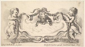 Tablica 17: kartusz z marmurowym środkiem, po obu stronach niemowlę trzymające wianek z pieca..., 1646. autorstwa Stefano della Bella
