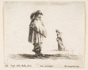 Ilustracja 17: mężczyzna w kapeluszu z pióropuszem pośrodku w prawo, kobieta idąca w kierunku..., ok. godz. 1644-47. autorstwa Stefano della Bella