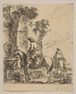 Tablica 19: Pejzaż z kawalerzystą podlewającym konia przy fontannie, z różnych fi..., ok. godz. 1646. autorstwa Stefano della Bella