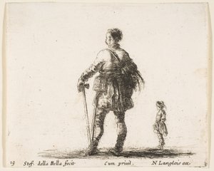Ilustracja 19: polski szlachcic w stroju dworskim, stojący pośrodku, widziany z tyłu,..., ca. 1644-47. autorstwa Stefano della Bella