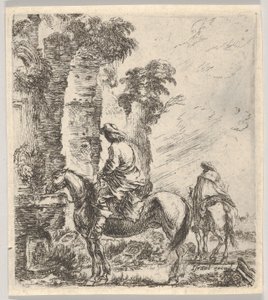 Ilustracja 19: jeździec napoi konia z miski fontanny po lewej, kolejna h..., ok. godz. 1646. autorstwa Stefano della Bella