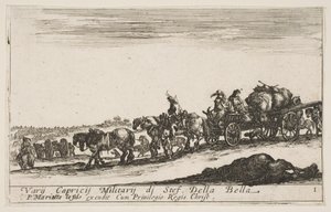 Ilustracja 1: Wóz konny wiozący ludzi i towary, na pierwszym planie martwy koń, k..., ok. godz. 1641. autorstwa Stefano della Bella
