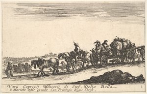 Ilustracja 1: Wóz konny wiozący ludzi i towary, na pierwszym planie martwy koń, k..., ok. godz. 1641. autorstwa Stefano della Bella