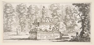 Tablica 1: pomnik z posągami i herbem pośrodku, rysownik na..., ok. godz. 1643. autorstwa Stefano della Bella