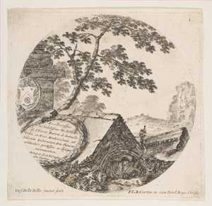 Tablica 1: fragmenty z antycznych zabytków, z rzymskich pejzaży i ruin Paysages..., ca. 1646. autorstwa Stefano della Bella