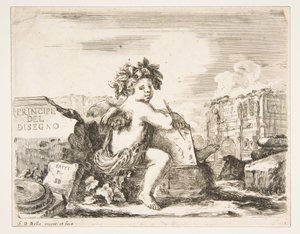 Tabliczka 1: geniusz rysowania, dziecko ze skrzydłami, siedzące na skale w obrocie do środka..., ca. 1641-43. autorstwa Stefano della Bella