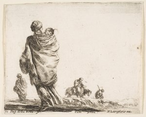 Ilustracja 21: biedna kobieta po lewej, widziana z tyłu, owijająca swoje dziecko szalem..., ok. godz. 1644-47. autorstwa Stefano della Bella
