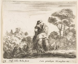Ilustracja 24: pasterz na koniu, widziany z tyłu, prowadzi swoje bydło w dół wzgórza, a..., ca. 1644-47. autorstwa Stefano della Bella