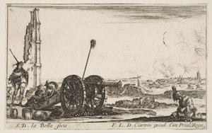 Ilustracja 2: Działo po lewej, w tle miasto, z Różnych Kaprysów Wojskowych..., ok. godz. 1641. autorstwa Stefano della Bella