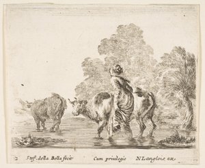 Ilustracja 2: wieśniaczka zagania dwie krowy przez strumień, idąc w lewo... ok. godz. 1644-47. autorstwa Stefano della Bella