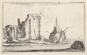 Ilustracja 2: statek po prawej i łódź wiosłowa po lewej, wyrzucone na brzeg, wieża w ruinie b..., ca. 1642. autorstwa Stefano della Bella