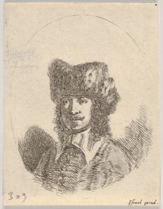 Ilustracja 2: głowa mężczyzny z wąsami i futrzaną czapką w lewo, kompozycja owalna, z..., 1650. autorstwa Stefano della Bella