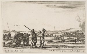 Płyta 3: Oficer wydający rozkazy żołnierzowi na środkowym pierwszym planie z armatą po lewej..., ca. 1641. autorstwa Stefano della Bella