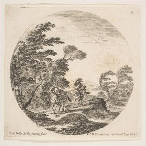 Tablica 3: wichura w lesie, dwóch jeźdźców owiniętych w płaszcze, z powiewem wiatru, ok. godz. 1646. autorstwa Stefano della Bella