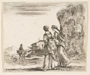Zdjęcie 3: dwie dziewczyny idące w lewo, widziane z tyłu, kobieta na koniu t..., ok. godz. 1644-47. autorstwa Stefano della Bella