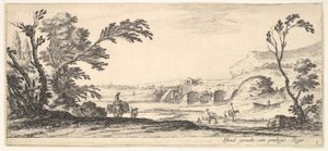 Ilustracja 3: dwóch jeźdźców przeprawiających się przez rzekę w prawo, kobieta z dwoma koszami na osiołku..., ca. 1641. autorstwa Stefano della Bella