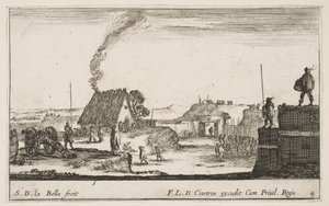 Tablica 4: Obóz wojskowy z żołnierzem stojącym na parapecie po prawej stronie beati..., ok. godz. 1641. autorstwa Stefano della Bella