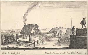 Tablica 4: Obóz wojskowy z żołnierzem stojącym na parapecie po prawej stronie beati..., ok. godz. 1641. autorstwa Stefano della Bella
