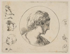 Tablica 4: Głowa kobiety z profilu, z Drugiej kolekcji różnych gryzmołów i et..., ca. 1646. autorstwa Stefano della Bella