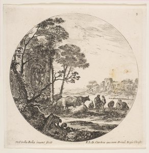Ilustracja 4: stolica koryncka na ziemi po lewej stronie, pomnik z postaciami w niskiej re..., ca. 1646. autorstwa Stefano della Bella